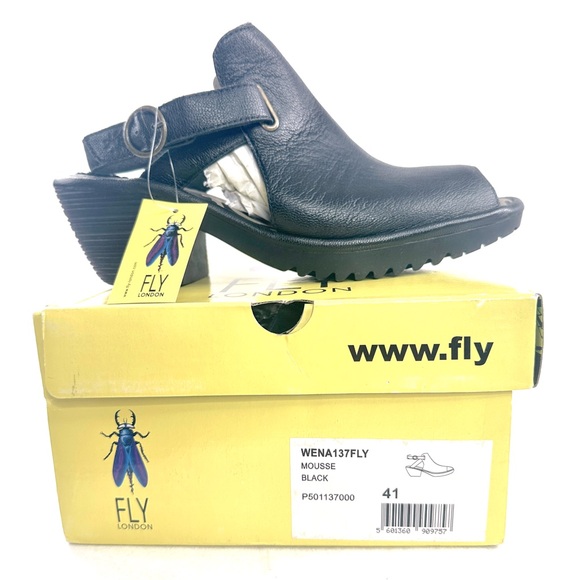 Fly London Mousse Women Size 10 EU 41 Black Leather Block Heel Sandal Shoe NIB - Picture 1 of 9
